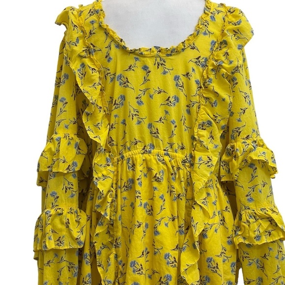 Happy X Nature Yellow Meadow Ditzy Floral Ruffle Sleeve Tiered Prairie Dress - Picture 7 of 16